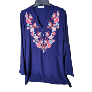 100% Rayon Solitaire medium embroidered floral longsleeve navy flowy blouse